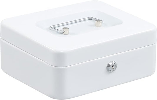 xydled Locking Steel Medium Cash Box with Removable Coin Tray and Key Lock,7.87"x 6.30"x 3.54",White