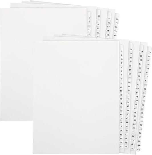 Yeaqee 2 Set 1-100 Numbered Tab Dividers Un-Punched Letter Size 8.5 x 11 Inch Paper Page White Binder Index Dividers for Office Documents Files