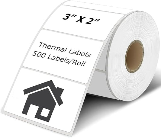 3" x 2" Thermal Labels Stickers White, Thermal Printer Shipping Stickers, Multipurpose Inventory Self-Adhesive Direct Thermal Label for Small Business (500 Labels/Roll)