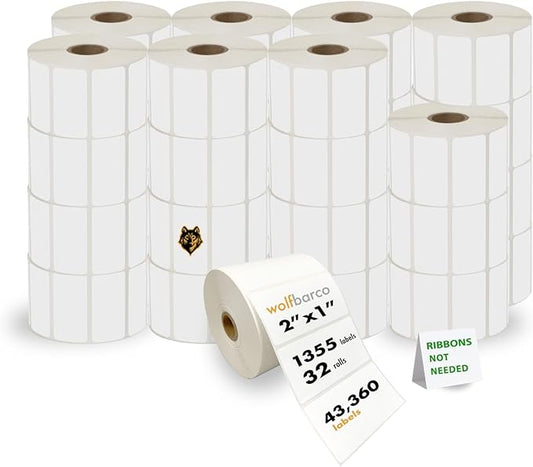 (27,100 labels/20 Rolls) 2“ x 1" Direct Thermal Paper Label White, with perf, 1" core, 4" OD, 1355 Labels per roll