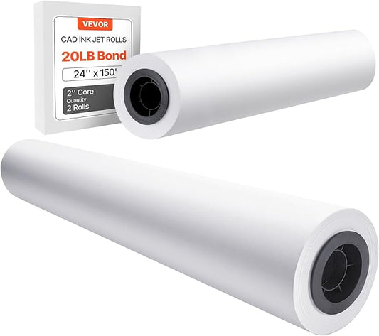 VEVOR Wide Format Paper, 24 in x 150 ft Plotter Roll, 2 Rolls CAD Bond Rolls with 2 in Core, 20 LB Bond Paper Rolls, Ideal for CAD Drawings, Engineering Plans, GIS Maps, and Architectural Designs