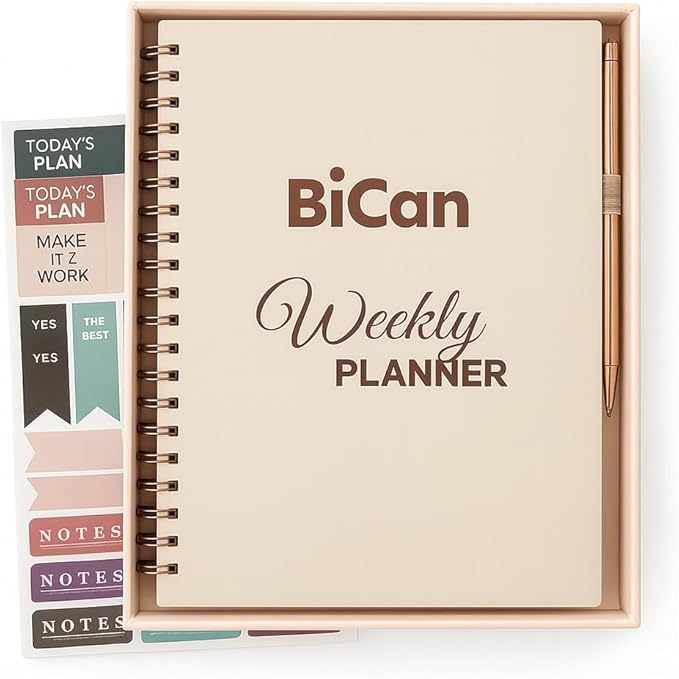 A5 Leather PU Planner & Journal Gift Set – Undated Weekly Spiral Notebook with Pen, Stickers & Box – Goal & Habit Tracker, Productivity Planner for Women & Men 5.8" x 8.0"