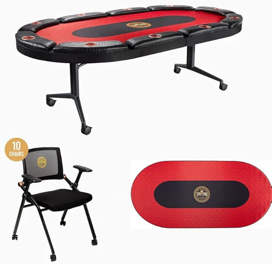 Triton Foldable Poker Table with 10 Chairs and an Additional Mat- Premium Soft-Padded Armrest, Individual Cup Holders, Portable Mat - Individual Chairs for Everyone, Long-Lasting Poker Table