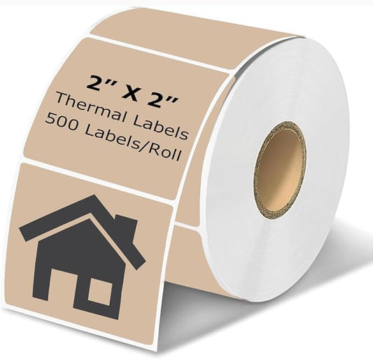 2" x 2" Thermal Labels Stickers Brown, Square Thermal Shipping Stickers, Multipurpose Inventory Self-Adhesive Direct Thermal Label for Small Business (500 Labels/Roll)