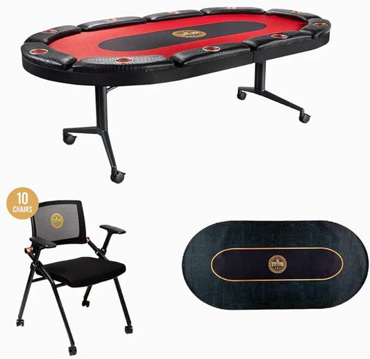 Triton Foldable Poker Table with 10 Chairs and an Additional Mat- Premium Soft-Padded Armrest, Individual Cup Holders, Portable Mat - Individual Chairs for Everyone, Long-Lasting Poker Table