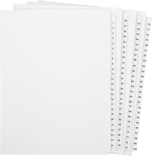 Yeaqee 1 Set 1-100 Numbered Tab Dividers Un-Punched Letter Size 8.5 x 11 Inch Paper Page White Binder Index Dividers for Office Documents Files