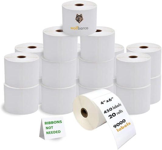20 Rolls (9000 Labels) 4" x 6" Direct Thermal Paper Shipping Label White, 450 Labels per roll, 450 Labels per roll with Perforation