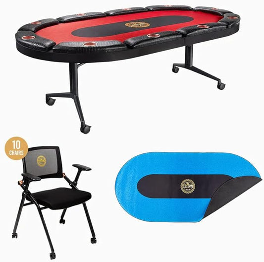 Triton Foldable Poker Table with 10 Chairs and an Additional Mat- Premium Soft-Padded Armrest, Individual Cup Holders, Portable Mat - Individual Chairs for Everyone, Long-Lasting Poker Table