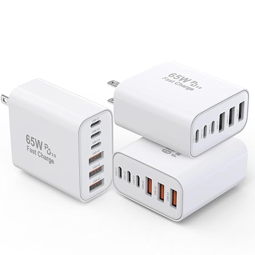 3 Pack 65W GaN Type C Wall Charger Block,6-Port Fast Charging Block,PD USB C Plug Adapter+QC Plug Compatible with Apple iPhone 17/17 Air/16E/16Pro Max/16Plus/16/15/14/13/12/11/XS Max,iPad Pro,AirPods