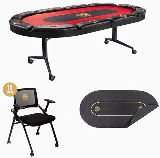 Triton Foldable Poker Table with 10 Chairs and an Additional Mat- Premium Soft-Padded Armrest, Individual Cup Holders, Portable Mat - Individual Chairs for Everyone, Long-Lasting Poker Table