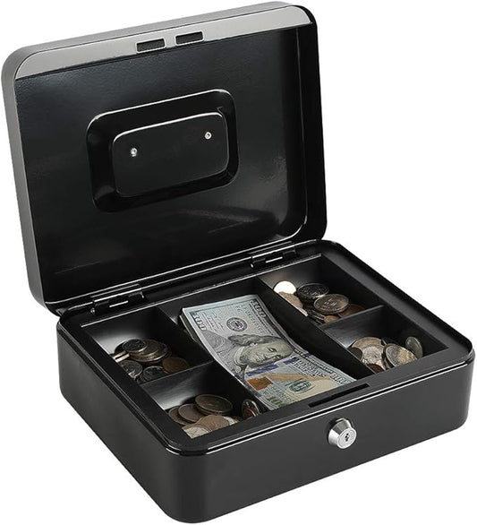 xydled Locking Steel Large Cash Box with Removable Coin Tray and Key Lock,9.84"x 7.87"x 3.54",Black
