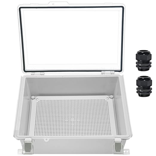 Zulkit Junction Box IP67 Waterproof Electrical Box Hinged Clear Cover Stainless Steel Latch Plastic Enclosure for Project w Mounting Plate Wall Bracket and 2 Cable Gland 13.8"x9.8"x5.9"/350x250x150mm