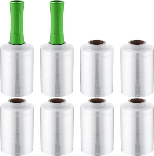Jutom Mini Stretch Film Industrial Shrink Wrap Roll Plastic Film for Moving 2 Handles 5" x 1000 ft Pallet Wrap Packaging Self Adhering Shipping for Moving Furniture Packing(Green,8 Pcs)