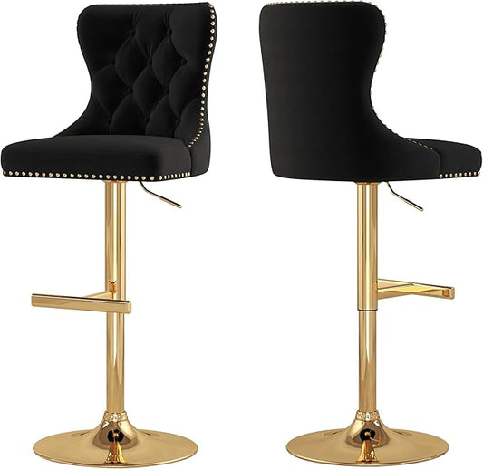 Bar Stools Set of 2, Velvet Swivel Counter Height Stools with Tufted Back, Adjustable Seat with Nailheads Trim, Upholstered Bar Chairs with Gold Base for Kitchen Island, Pub, Black