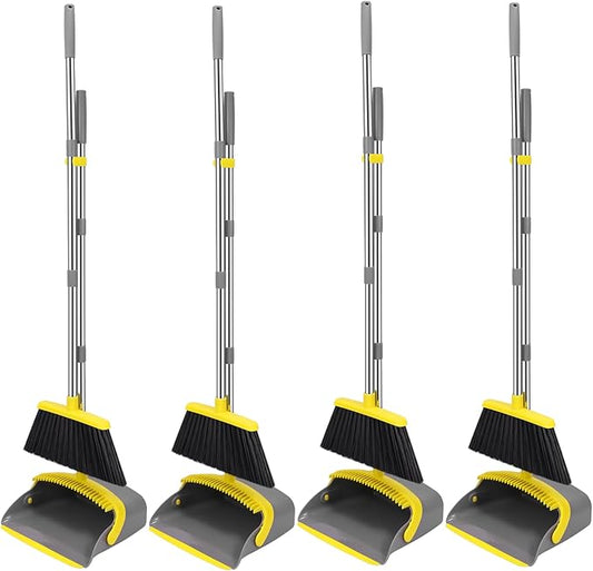 NACENA Broom and Dustpan Set, 52-in Long Adjustable Handle Broom Dustpan Combo with Dustpan Teeth to Automatically Clean Hair Suitable for Home Kitchen Office Hall Floor (Grey&Yellow), 4 Pack