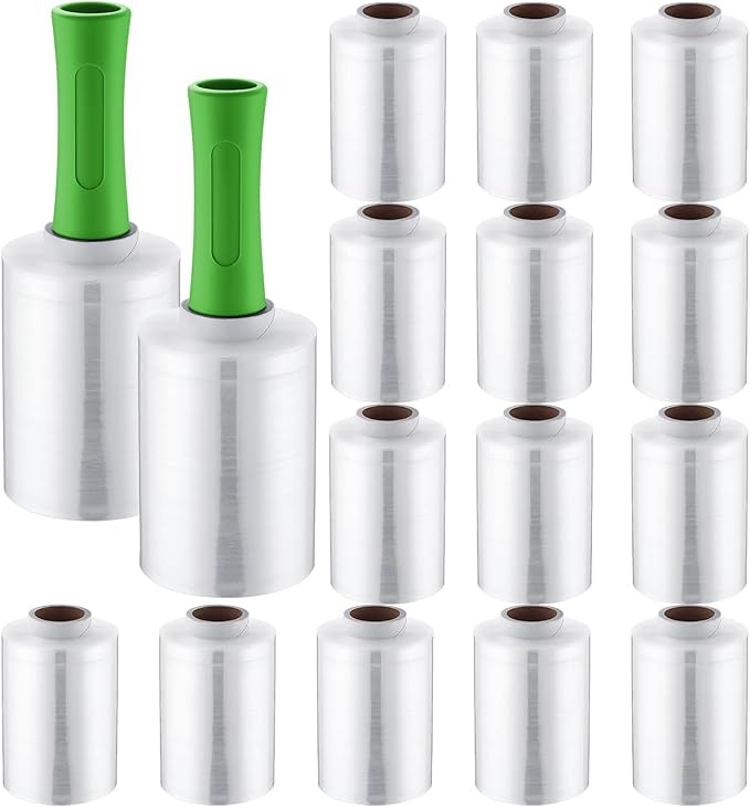 Jutom Mini Stretch Film Industrial Shrink Wrap Roll Plastic Film for Moving 2 Handles 5" x 1000 ft Pallet Wrap Packaging Self Adhering Shipping for Moving Furniture Packing(Clear, Green,16 Pcs)