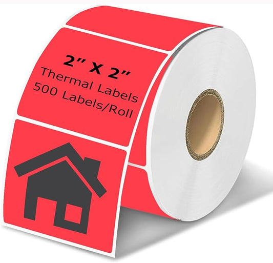 2" x 2" Thermal Labels Stickers Red, Square Thermal Shipping Stickers, Multipurpose Inventory Self-Adhesive Direct Thermal Label for Small Business (500 Labels/Roll)