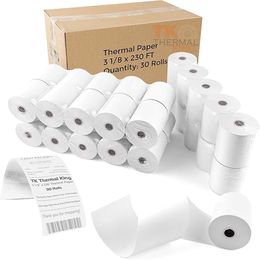(30 Rolls) 3 1/8" x 230' Thermal Paper, POS Receipt Paper for Retail Business Cash Register, Fits Most Credit Card Terminal Point Of Sale