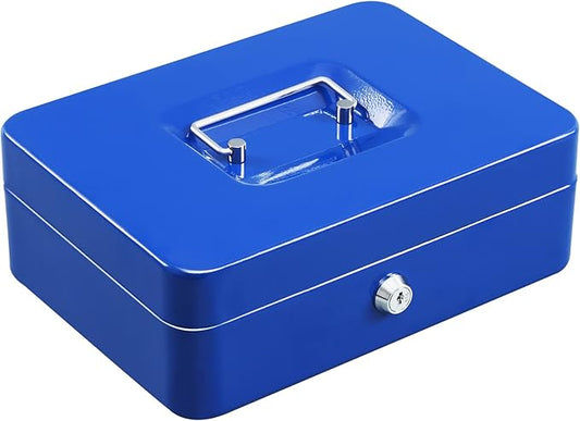 xydled Locking Steel Large Cash Box with Removable Coin Tray and Key Lock,9.84"x 7.87"x 3.54",Blue