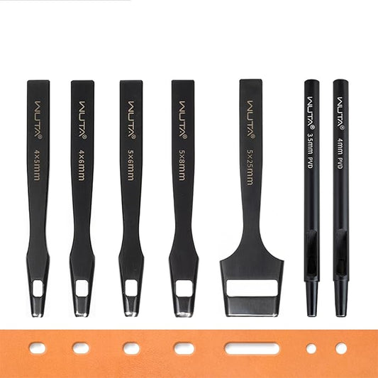 WUTA 6 Pcs Leather Belt Hole Puncher Oval Cutter Strap Watch Band Flat Punches Heavy Duty Oblong Tools for Leathercrafting (4 * 5+4 * 6+5 * 8+5 * 25+4mm Round+3.5mm Round)