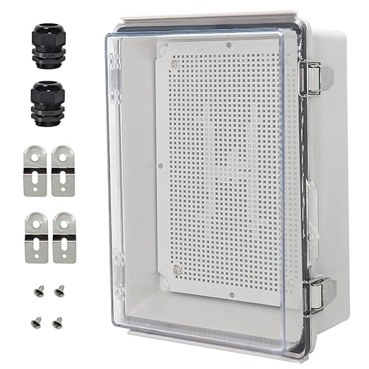 Zulkit Junction Box IP67 Waterproof Electrical Box Hinged Clear Cover Stainless Steel Latch Plastic Enclosure for Project w Mounting Plate Wall Bracket and 2 Cable Gland 11"x7.5"x5.5"/280x190x140mm