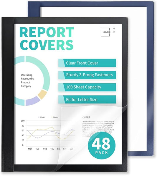 Binditek 48 Pack Clear Front Report Covers with 3 Prongs, 100-Sheet Capacity, Plastic Report Folder, with 3 Metal Fasteners, 2 Colors, Black and Navy, for Letter Size, Office Supplies