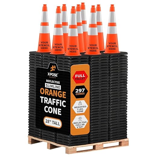 Xpose Safety 28" Orange Traffic Cones with 6" & 4" Collars, Bulk Full Pallet 297-Pack – PVC Safety Cones for Parking, Soccer, Construction, Kids & Caution – DOT Approved – Optional Stencil Available