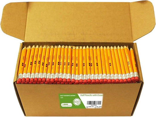 S & E TEACHER'S EDITION 600PCS 4'' Golf Pencils Pre-sharpened, Break-Resistant Lead No. 2 Half Pencils with Eraser Tops, 2 HB pencil, Back to school, 600/Box.