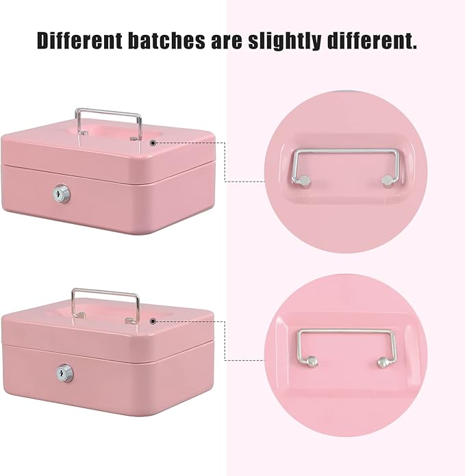 xydled Locking Steel Medium Cash Box with Removable Coin Tray and Key Lock,7.87"x 6.30"x 3.54",Pink