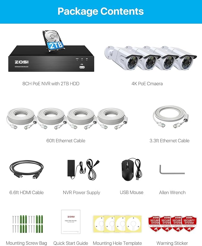 ZOSI 4K PoE Security Camera System,4 x 8MP Weatherproof Surveillance Cameras with One-Way Audio,People Counting,Night Vision,Person Vehicle Detection,8CH 4K NVR with 2TB HDD for Home 24/7 Recording