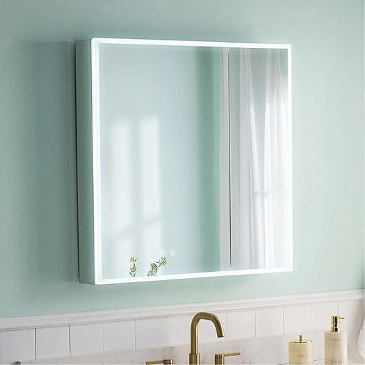 WELLFOR 30" X 30" Medicine Cabinet with Lights, 3X Magnification, Anti-Fog Mirrored Cabinet, Bathroom Vanity Medicine Cabinet with Outlets & USB Ports, Double Doors