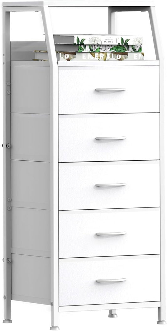 Ollieroo White Dresser for Bedroom, Storage Organizer with 5 Drawers, Vertical Fabric Storage Tower, Nightstand Bedside Table, Sturdy Steel Frame & Wooden Top