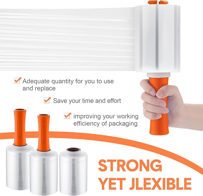 Jutom Mini Stretch Film Industrial Shrink Wrap Roll Plastic Film for Moving 2 Handles 5" x 1000 ft Pallet Wrap Packaging Self Adhering Shipping for Moving Furniture Packing(Orange,8 Pcs)