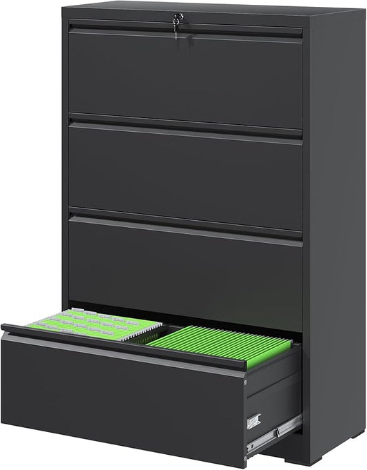 File Cabinets 4 Drawer,Metal Office Storage Filing Cabinet with Lock,Black Lateral Filing Cabinet for Home Office,Horizontal Locking File Cabinet for Legal/Letter/A4 Files,Assembly Required