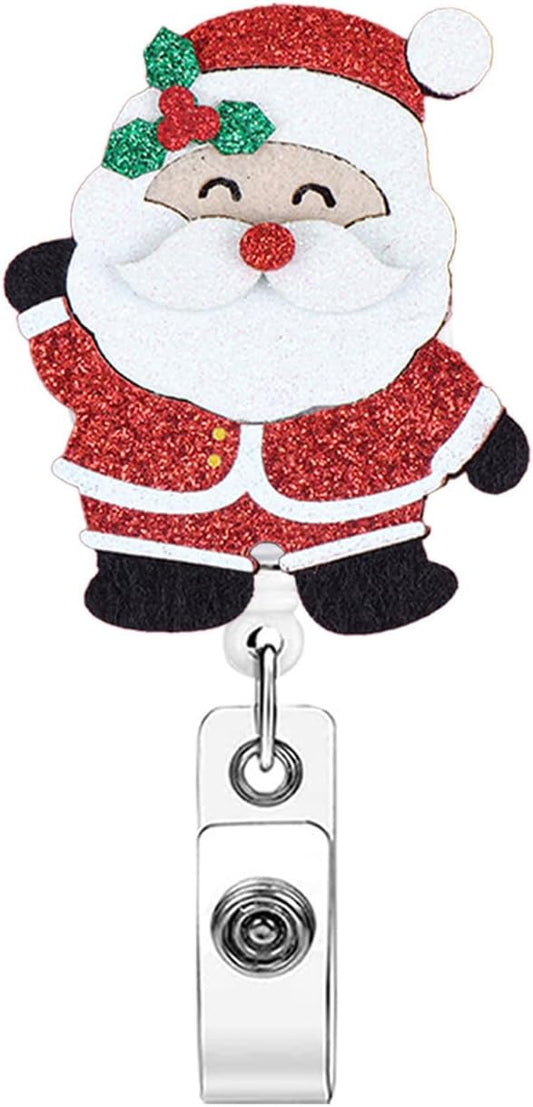 Santa Claus Badge Reel Retractable Cute Christmas Badge Holder with Alligator Clip Shiny Glitter Santa Claus Acrylic Name Tag Badge Reels Winter Holiday ID Accessories for Nurse Office Worker Student