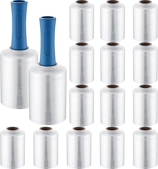 Jutom 16 Pcs Stretch Wrap Roll Plastic Wrap for Moving with 2 Handles 5 x 1000 ft Packaging Shrink Film Self Adhering Shipping Supplies for Moving Furniture Pallet(Clear, Blue)