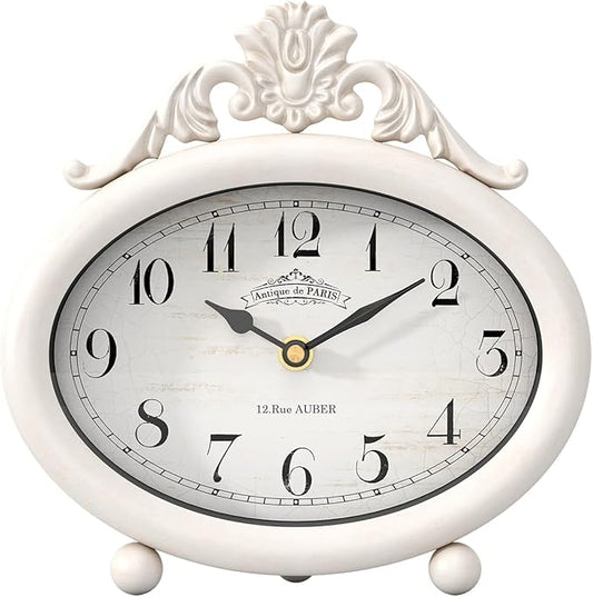 Vintage Table Clock, Desk and Shelf Decor Clock, French Rustic Antique Style White Mantel Clocks, for Farmhouse, Living Room, Bedroom, Bedside, Gift (7.87" H x 7.87" W)
