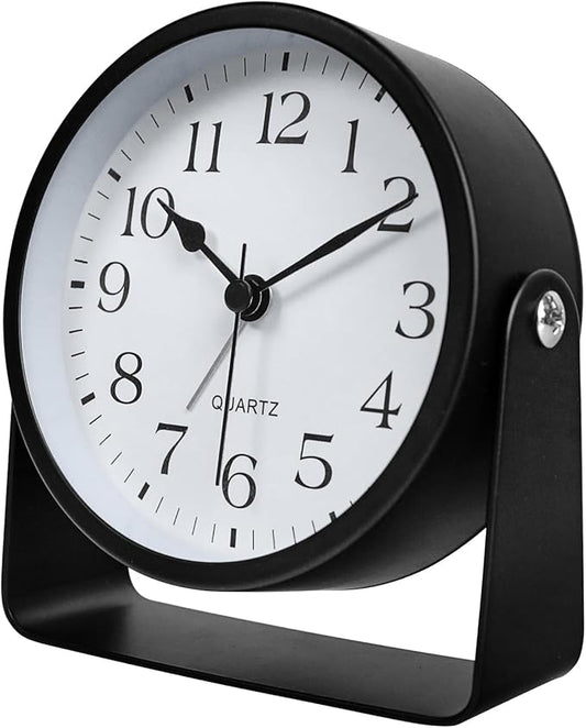 Small Luminous Desk Analog Alarm Clock Metal Bracket 360° Rotating Shelf Clock with Light Battery Powered Bedside Silent Cute Alarm Clock for Heavy Sleepers Elderly and Children Office Bathroom