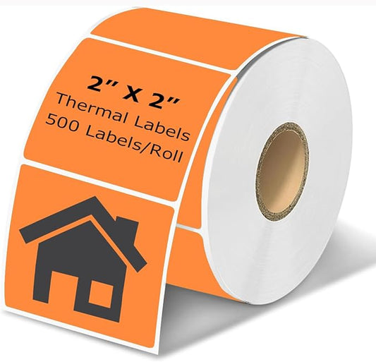 2" x 2" Thermal Labels Stickers Orange, Square Thermal Shipping Stickers, Multipurpose Inventory Self-Adhesive Direct Thermal Label for Small Business (500 Labels/Roll)