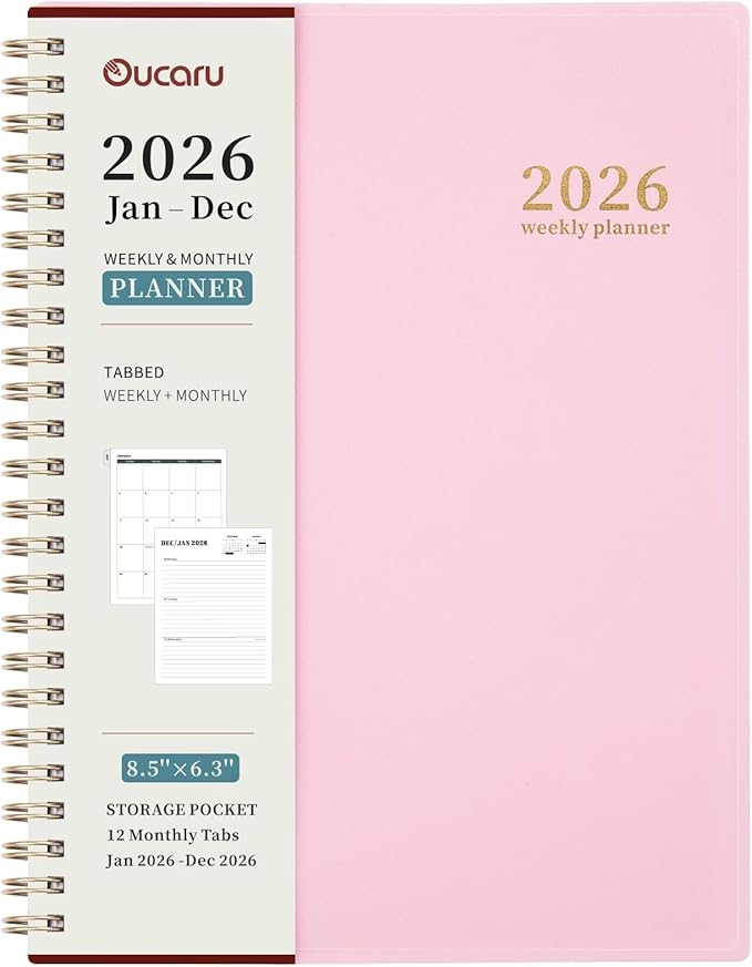 Oucaru 2026 Planner, Weekly and Monthly Planning Calendar, Jan 2026 - Dec 2026, 6.3" x 8.5", Spiral Bound, 12 Habit Trackers & Monthly Tabs, 2 Storage Pockets, Perfect for Office Home School Supplies