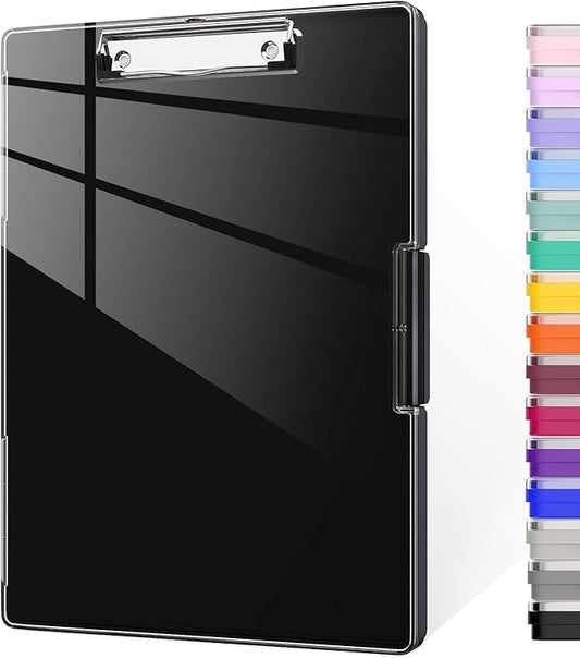 Piasoenc Clipboard with Storage, 8.5 x 11 Clip Boards with 2 Storage Case and A4 Paper Folder, Clear Dry Erase Top Panel, Heavy Duty Plastic, Folio & Side Opening, for Nurses, Teachers, Lawers,Black