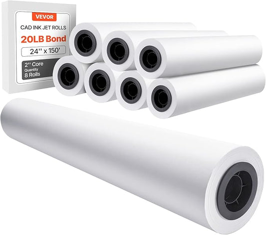 VEVOR Wide Format Paper, 24 in x 150 ft Plotter Roll, 8 Rolls CAD Bond Rolls with 2 in Core, 20 LB Bond Paper Rolls, Ideal for CAD Drawings, Engineering Plans, GIS Maps, and Architectural Designs