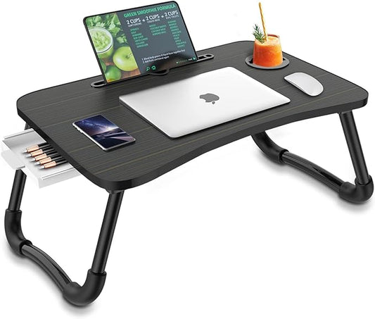 Zapuno Foldable Laptop Bed Table Multi-Function Lap Serving Tray Dining Table with Storage Drawer and Water Bottle Holder, Slot for Eating, Working on Couch/Sofa (Arc Shape)