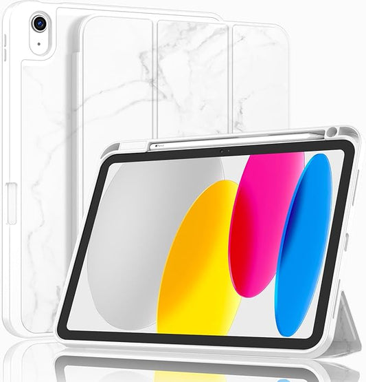 ZryXal iPad (A16) Case/iPad 10th Generation Case [11-Inch 2025/10.9 Inch 2022] with Pencil Holder, Smart Cover with Soft TPU Back [Support Auto Wake/Sleep] (Marble White)