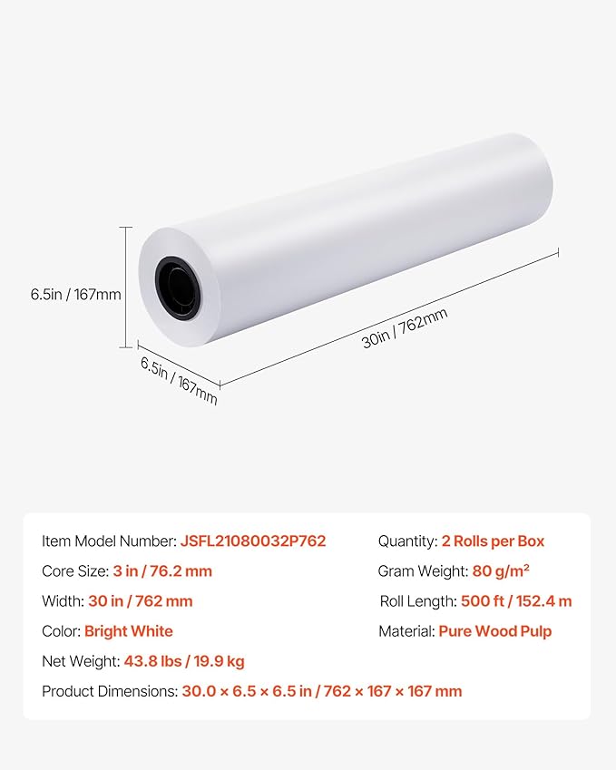 VEVOR Wide Format Paper, 30 in x 500 ft Plotter Roll, 2 Rolls CAD Bond Rolls with 3 in Core, 20 LB Bond Paper Rolls, Ideal for CAD Drawings, Engineering Plans, GIS Maps, and Architectural Designs