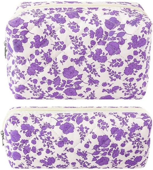 ZLFSRQ 2Pcs Makeup Bag Cute Aesthetic Quilted Makeup Pouch for Purse Preppy Pencil Pouch Small Floral Cosmetic Bags Travel Toiletry Bags Preppy Makeup Bag Zipper Skincare Storage Organizer (Purple)