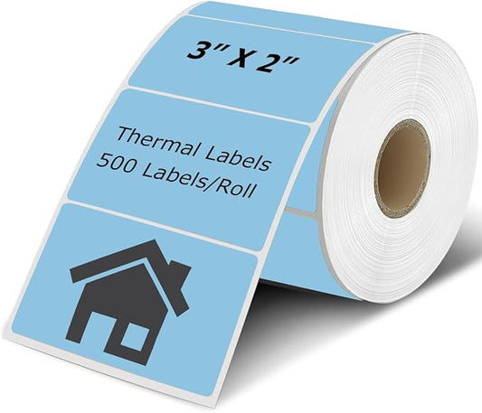 3" x 2" Thermal Labels Stickers Blue, Thermal Printer Thermal Shipping Stickers, Multipurpose Inventory Self-Adhesive Direct Thermal Label for Small Business (500 Labels/Roll)