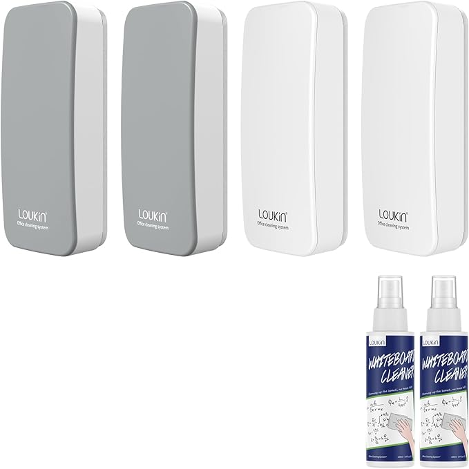 loukin 4 Pack Magnetic Dry Erase Eraser, Whiteboard Eraser, Glass Board Remover, 3.4 fl oz Whiteboard Cleaner * 2 Included, for Classroom, Home and Office Use (Grey*2, White*2)