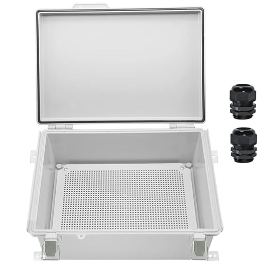 Zulkit Junction Box,IP67 Waterproof Electrical Box Hinged Cover Stainless Steel Buckle Plastic Enclosure for Project w Mounting Plate Wall Bracket and 2 Cable Gland Grey 13.8"x9.8"x5.9"/350x250x150mm
