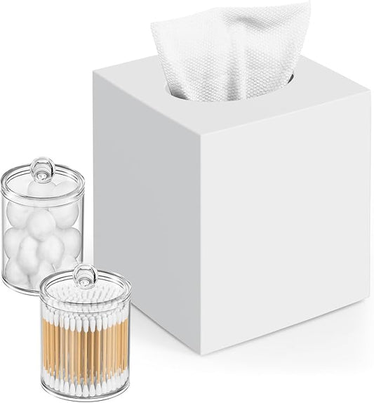 Tissue Box Cover, Square Facial Acrylic Tissue Box Holder with 2 Pack Clear Qtip Holder Dispenser, Bathroom Vanity Dresser Night Stand Essentials Accessories Decor, Modern Farmhouse Decor,White